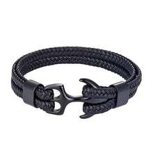 Load image into Gallery viewer, High Quality Men Steel Bracelet Black Leather Woven Anchor Charm