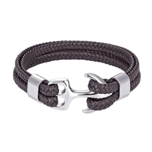 High Quality Men Steel Bracelet Black Leather Woven Anchor  Charm