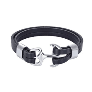 High Quality Men Steel Bracelet Black Leather Woven Anchor  Charm