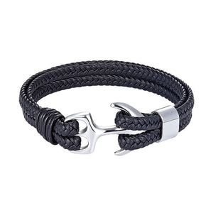 High Quality Men Steel Bracelet Black Leather Woven Anchor  Charm