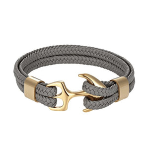 High Quality Men Steel Bracelet Black Leather Woven Anchor  Charm