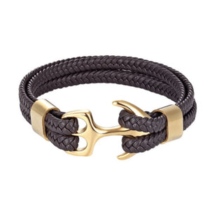 High Quality Men Steel Bracelet Black Leather Woven Anchor  Charm