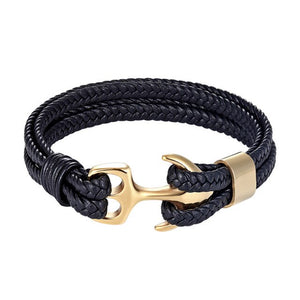 High Quality Men Steel Bracelet Black Leather Woven Anchor  Charm