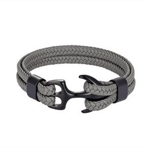 High Quality Men Steel Bracelet Black Leather Woven Anchor  Charm