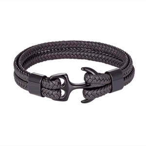 High Quality Men Steel Bracelet Black Leather Woven Anchor  Charm