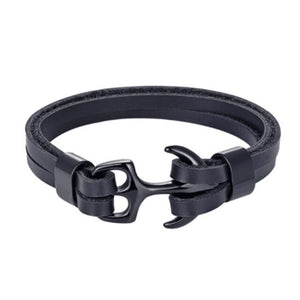 High Quality Men Steel Bracelet Black Leather Woven Anchor  Charm