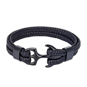 High Quality Men Steel Bracelet Black Leather Woven Anchor  Charm