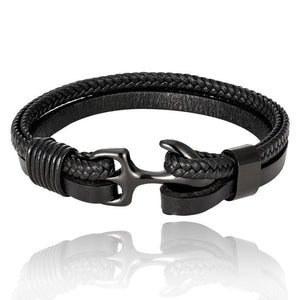 High Quality Men Steel Bracelet Black Leather Woven Anchor  Charm