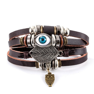 Vintage Leaf Feather Skeleton Owl Multilayer Leather Mixs Men Wristbands