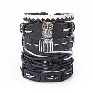 Vintage Leaf Feather Skeleton Owl Multilayer Leather Mixs Men Wristbands