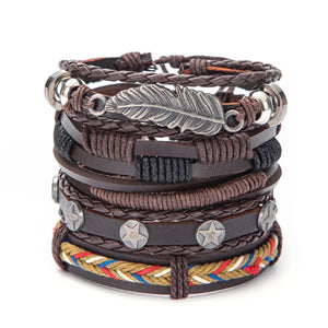 Vintage Leaf Feather Skeleton Owl Multilayer Leather Mixs Men Wristbands