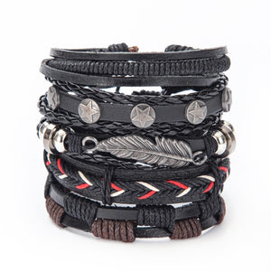 Vintage Leaf Feather Skeleton Owl Multilayer Leather Mixs Men Wristbands