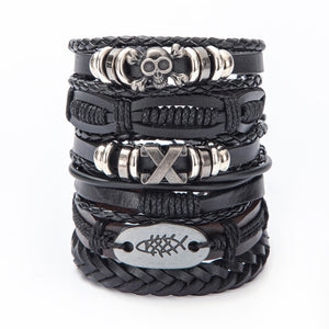 Vintage Leaf Feather Skeleton Owl Multilayer Leather Mixs Men Wristbands