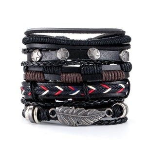 Vintage Leaf Feather Skeleton Owl Multilayer Leather Mixs Men Wristbands